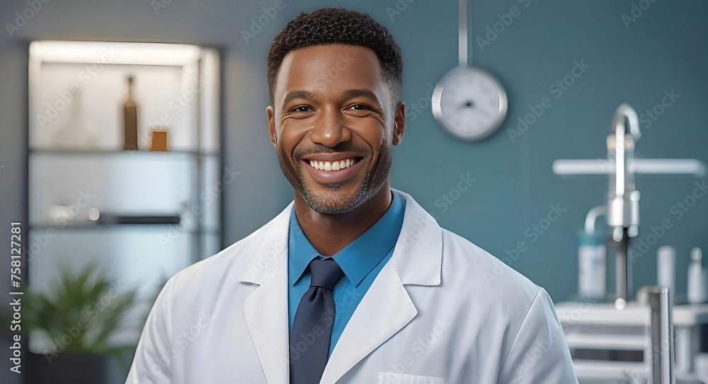 Portrait of male African American doctor standing in her office at ...