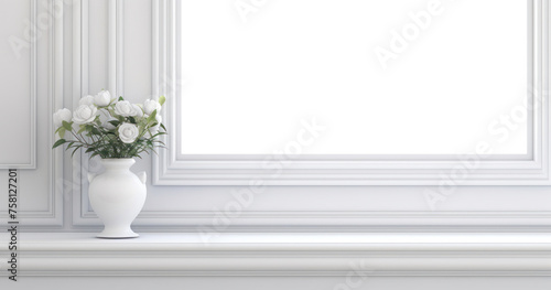 A white vase of with flowers on a white shelf against a marble background.