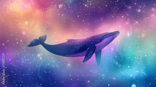 Whale exploring a futuristic galaxy with swirling stars and nebula, fantasy concept
