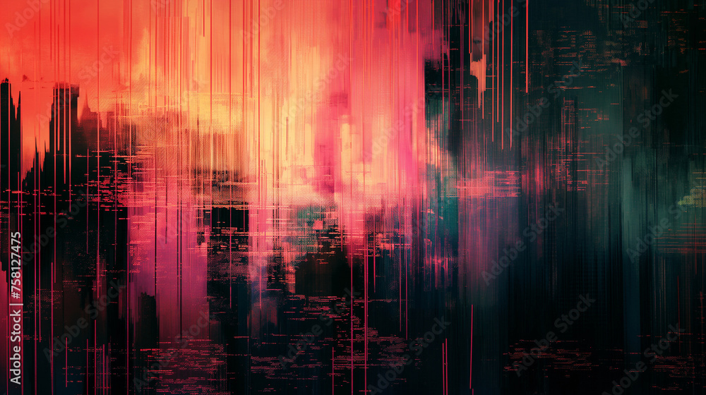 Digital glitch art incorporating distorted pixels and data corruption aesthetics, background, with copy space