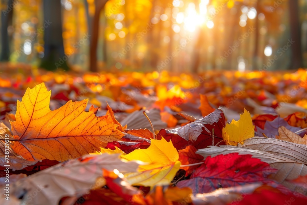 Vibrant autumn leaves blanket the ground in a forest with the setting sun peeking through the trees