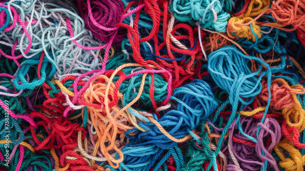 A tangled mess of threads and yarns, showcasing a chaotic yet colorful complexity, background, with copy space A tangled mess of threads and yarns, showcasing a chaotic yet colorful complexity, background, with copy space