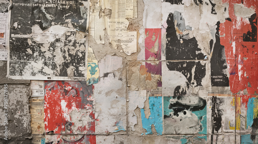 Fototapeta premium Grunge urban wall with peeling paint, graffiti, and posters creating a chaotic visual layering, background, with copy space