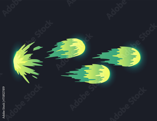 Cartoon laser gun beam. Alien combat weapon rays. Futuristic shot effect. Destructive plasma flow. Bomb blaster attack explosion. Vector game element