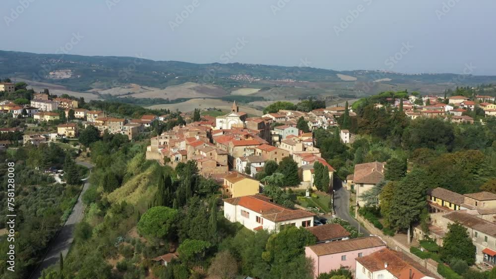 Beautiful drone view of the historical city center of Terricciola a medieval town in the province of Pisa Tuscany, central Italy, in a nice sunny spring day with clear sky. Beautiful drone view of the historical city center of Terricciola a medieval town in the province of Pisa Tuscany, central Italy, in a nice sunny spring day with clear sky.