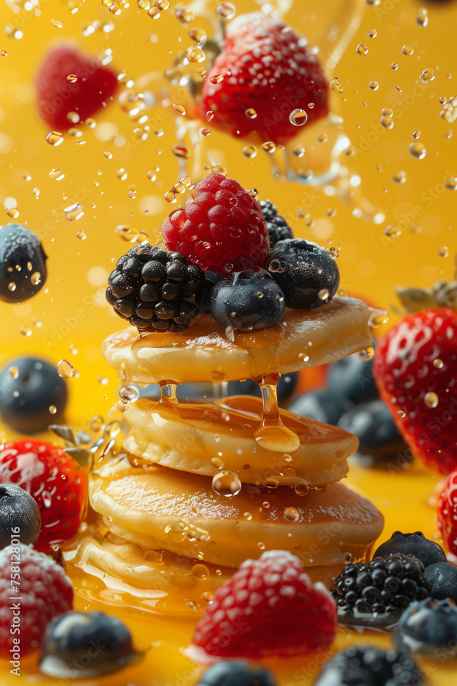 Flying pancakes with honey and blueberries. Yellow background Flying pancakes with honey and blueberries. Yellow background