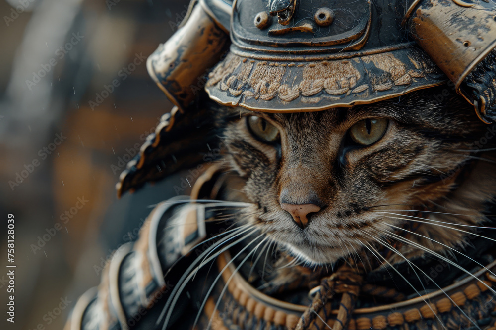 The stoic face of a cat samurai with detailed armor that tells tales of past glories, close up shot