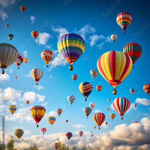 A cluster of hot air balloons against a blue sky.
