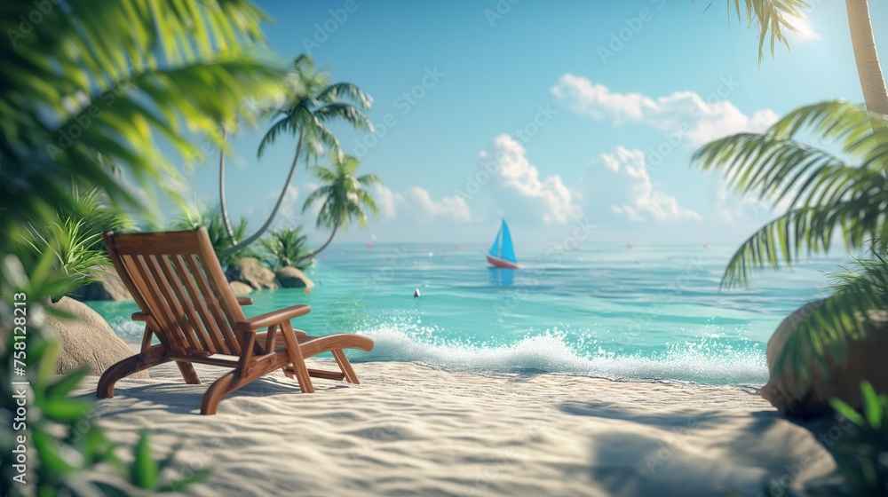 Wooden empty chaise longue on the sandy shore of the blue sea, the concept of summer, relaxation and vacation - obrazy, fototapety, plakaty 