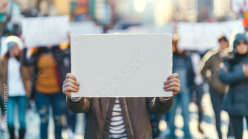 Close up of many people holding white blank paper for banner or sign at outdoor streets, protesters marching, street, white banner, copy space 