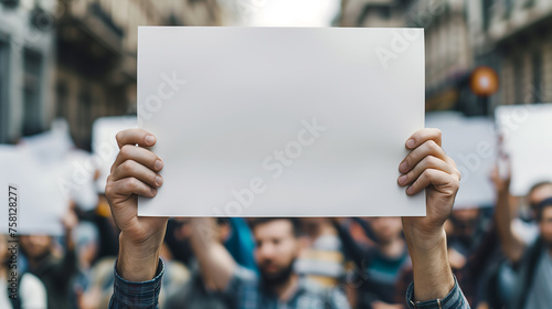 Close up of many people holding white blank paper for banner or sign at outdoor streets, protesters marching, street, white banner, copy space 