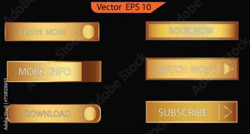 Set of glass gold buttons and sliders, web icons of different forms. Gradient mesh. Button set color gold glossy. EPS 10. Only commercial use	
