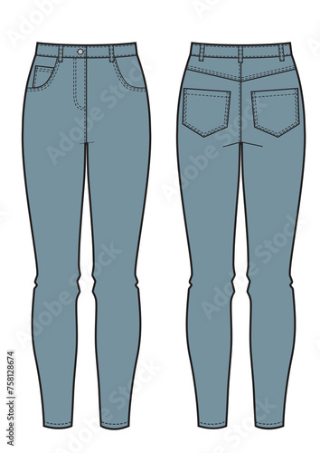 Denim woman's skinny blue jeans. Technical fashion illustration