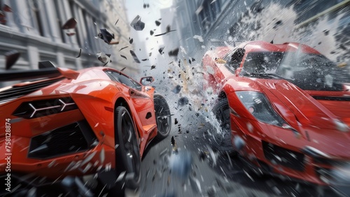 two hyper-realistic cars collide, conveying the raw energy and chaos of the collision with meticulous attention to detail.