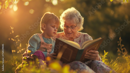 Avó lendo um livro de historias para sua neta photo
