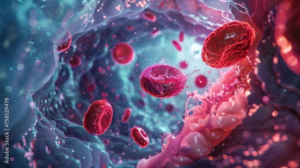 Fototapeta premium microbiology, Fat hyperlipidemia or arteriosclerosis hemoglobin red blood vessel cell micro microscope inside interior human body. Embolism and cholesterol and intestinal tumors
