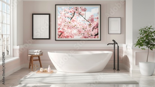a peach cherry blossom against the backdrop of a water feature, harmonizing nature's delicate hues with the calming presence of flowing water.