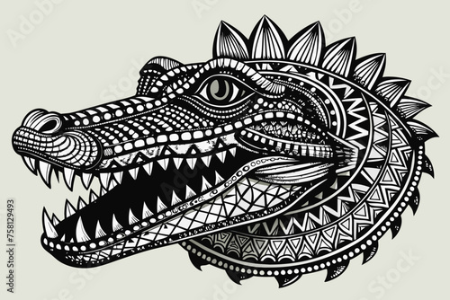 Fototapeta Naklejka Na Ścianę i Meble -  the head of crocodile decorated with African ornaments, thick black outline, correct finished lines, perfect detailed pattern and ideal composition, octane rendering,  white background