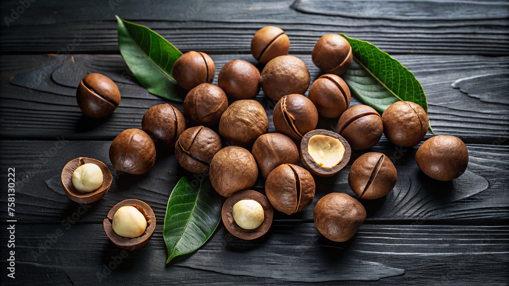 Macadamia Nuts on Dark Wooden Background. Top view
Macadamia Nuts on Dark Wooden Background. Top view