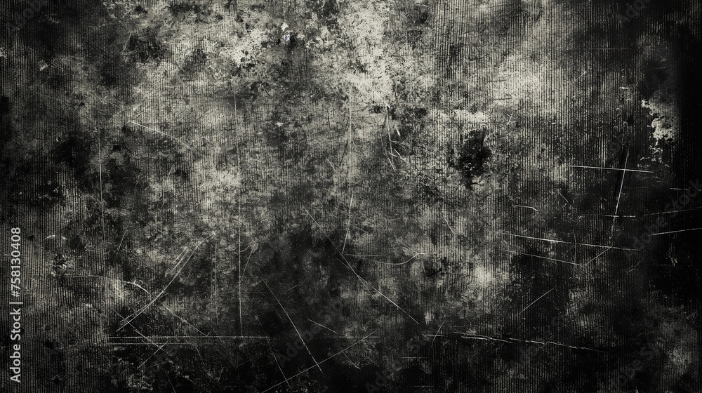 Grunge metal background with a film grain effect, scratches and cracks. Black and white.