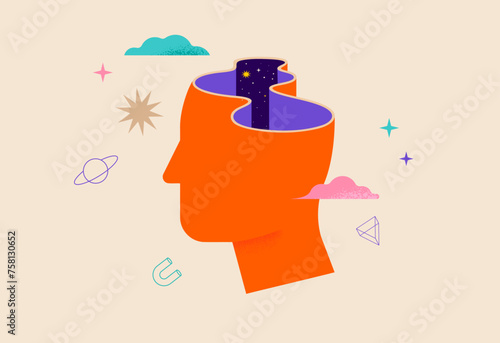 Surreal, Psychology, Dream, Mental Health concept illustration. Brain, neuroscience and creative mind poster, cover. Contemporary art background and shapes