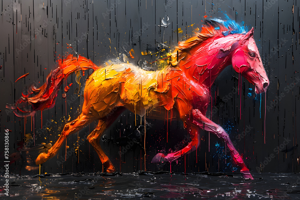 Horse with splashes of paint on a black background. 3d rendering
 - obrazy, fototapety, plakaty 