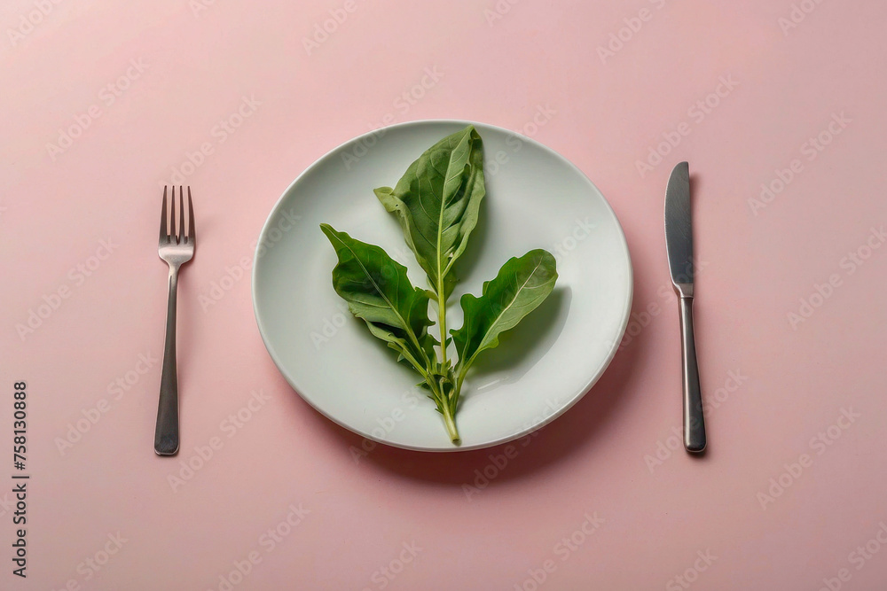 A green leaf lies on an empty white plate on the table. Light colors, diet and weight loss concept, eating disorders, calorie counting. A green leaf lies on an empty white plate on the table. Light colors, diet and weight loss concept, eating disorders, calorie counting.