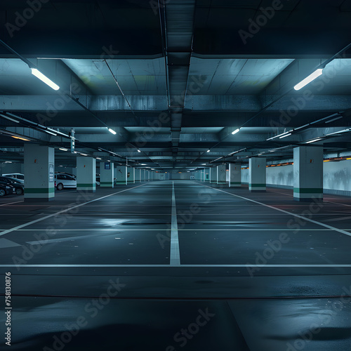 Empty underground parking lot with lighting effect. 3D Rendering. 