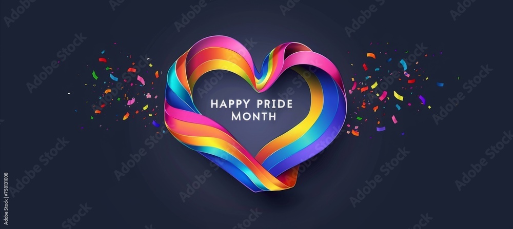 Pride month banner design with a rainbow ribbon forming a heart shape ...