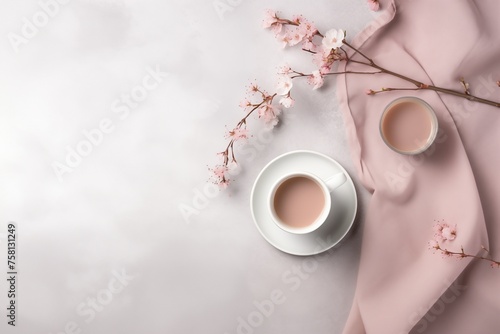 Background in pink colors with place for text. Table with cups and flowers, view from above. You can use this illustration for advertising, invitation, website and more.