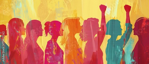 Happy international women's day concept, 8th March 2024 greeting card - Watercolor painting silhouette of beautiful women in their diversity, fighting for their rights, isolated on yellow background