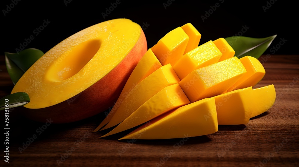 Mango slices on a wooden table. Black background. Toned. Mango slices on a wooden table. Black background. Toned.