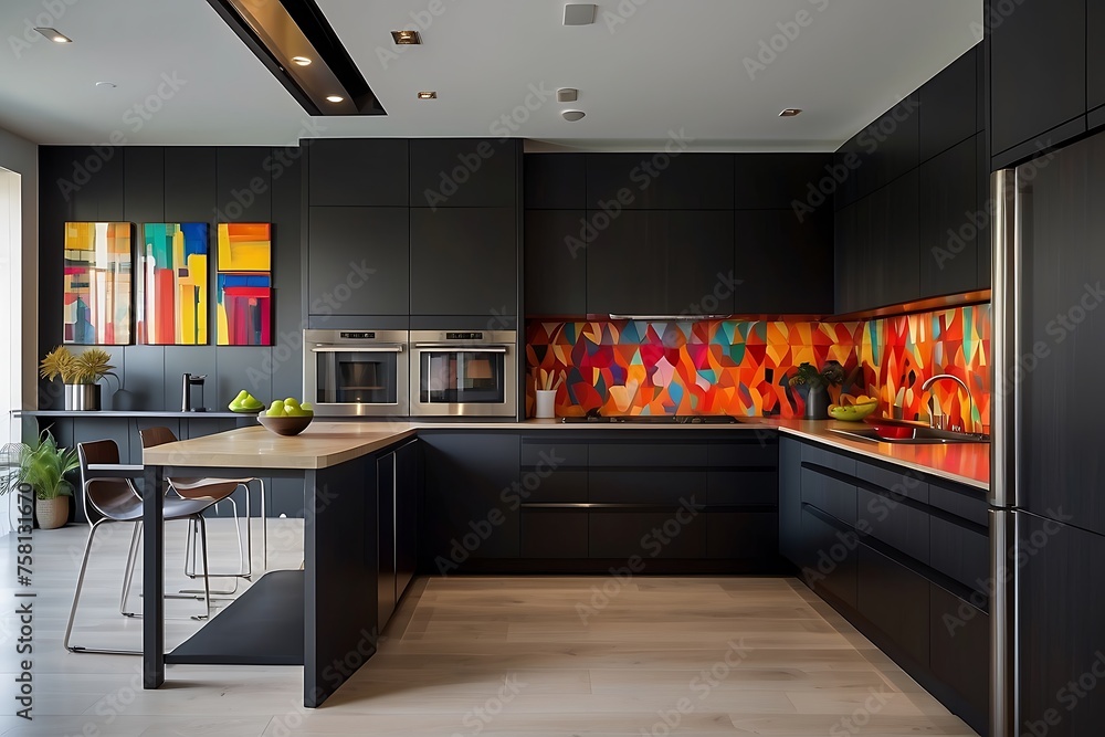 Interior of modern kitchen with black and orange walls, concrete floor,