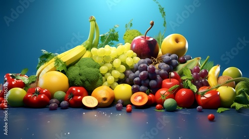 Fruits and vegetables. Healthy food background. 3d illustration.
