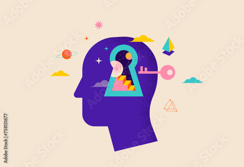 Surreal, Psychology, Dream, Mental Health concept illustration. Brain, neuroscience and creative mind poster, cover. Contemporary art background and shapes