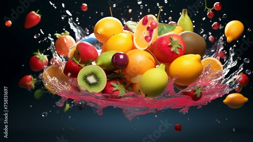 Fruit splashing in water on a black background. 3d rendering