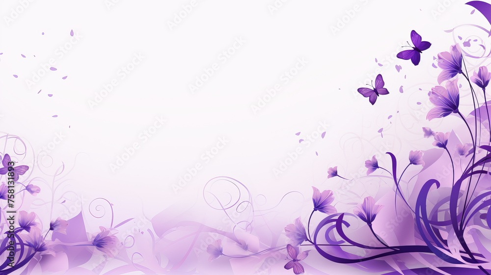 White background with purple flowers and butterflies. Banner with copyspace. White background with purple flowers and butterflies. Banner with copyspace.