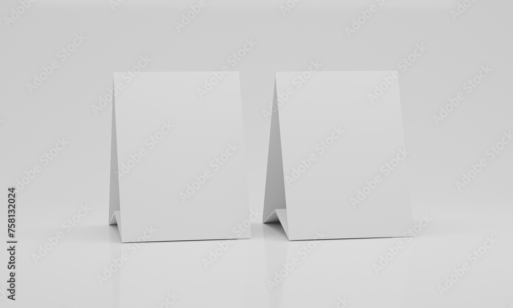 Mock up blank white Table Tent isolated on white background. template for designers design presentation, showcase etc, copy space for your logo or graphic design. Paper vertical card 3d render Mock up blank white Table Tent isolated on white background. template for designers design presentation, showcase etc, copy space for your logo or graphic design. Paper vertical card 3d render