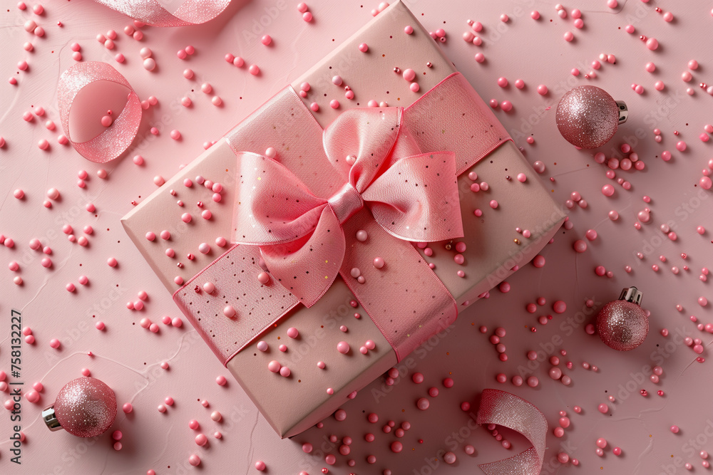 Pink gift box on pastel pink background top view Pink gift box on pastel pink background top view
