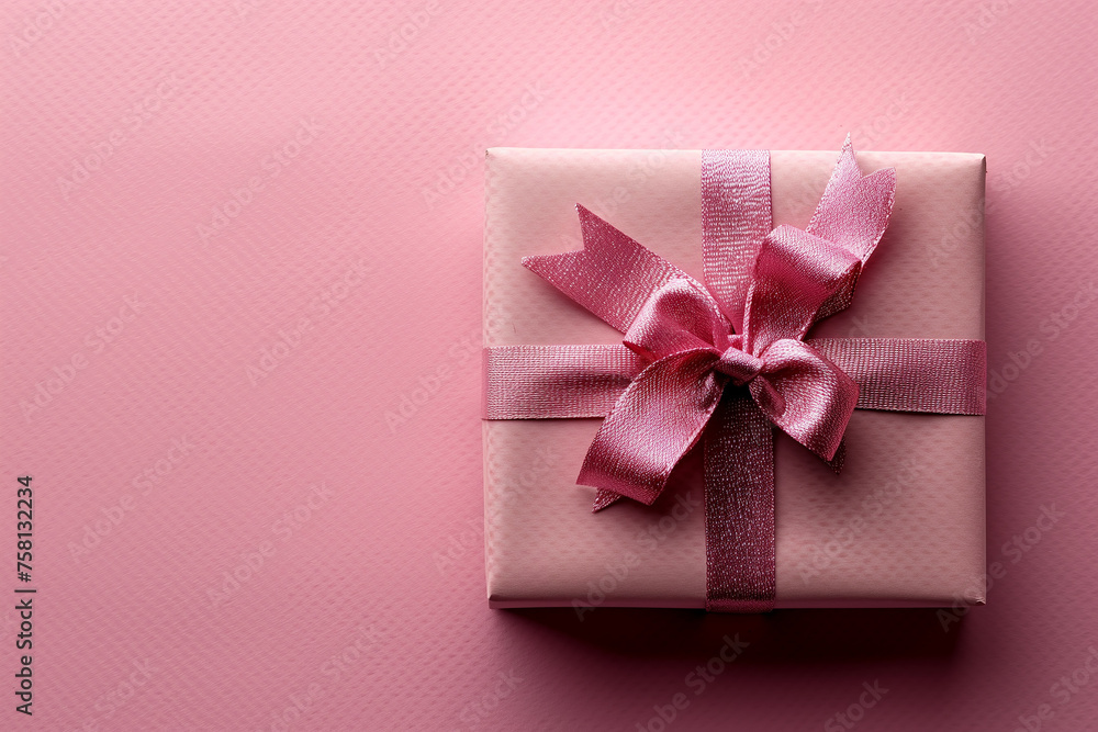 Pink gift box on pastel pink background top view Pink gift box on pastel pink background top view