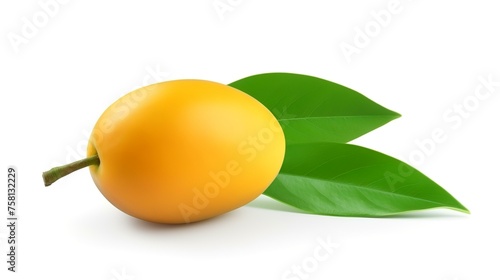 Fresh ripe mango with green leaves on a white background, closeup. Tropical fruit photo