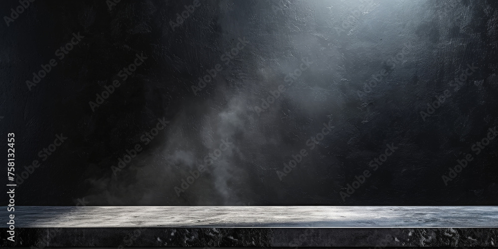 Empty dark wooden table  on black wall background with sunlight, product display presentation and banner design template, black concrete table top on black  background, empty black stone podium - obrazy, fototapety, plakaty 