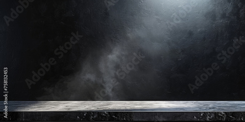 Empty dark wooden table on black wall background with sunlight, product display presentation and banner design template, black concrete table top on black background, empty black stone podium