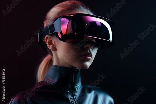 Futuristic cyberspace cyberpunk person wearing headset for metaverse generative ai gamer player © Tetiana