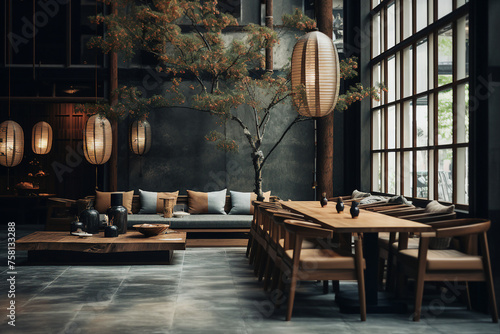 Generative AI image of bright daylight interior of a contemporary restaurant