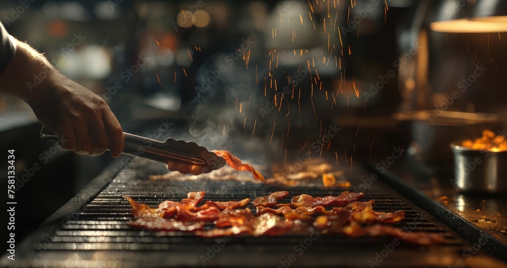 a restaurant rush in the kitchen as a chef deftly turns bacon with metal tongs on the sizzling surface of a grill, showcasing the intensity and precision of culinary expertise.