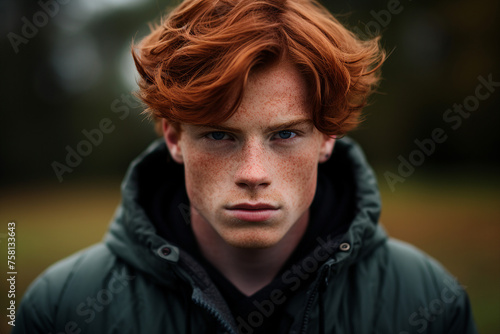 AI generated portrait of a handsome male red haired boy student walking in city during fall season outside