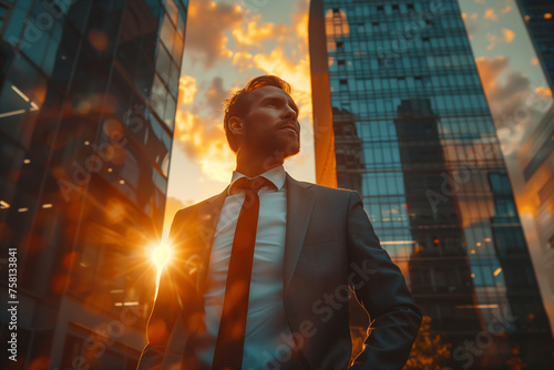 Happy wealthy rich successful businessman standing in big city modern skyscrapers street on sunset, dreaming of new investment opportunities  photo