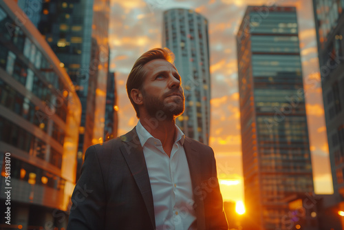 Happy wealthy rich successful businessman standing in big city modern skyscrapers street on sunset, dreaming of new investment opportunities 