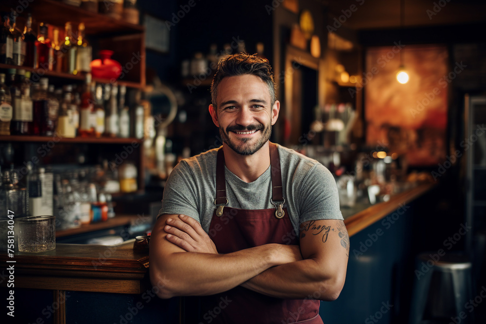 Generative AI image of nice handsome businessman cafe owner indoors Generative AI image of nice handsome businessman cafe owner indoors